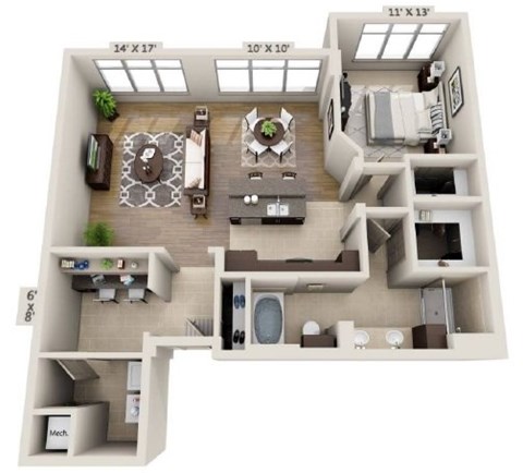 Floor plan for 1 bed, 1 bath, 1102 sqft